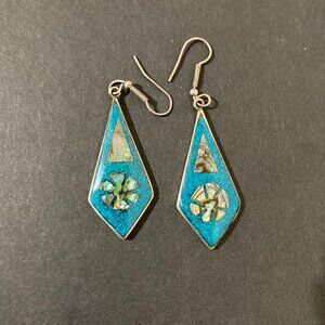 Vintage Mexican Alpaca Silver Turquoise And Abalone Inlay Dangle Earrings